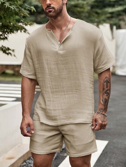 Manfinity RSRT Loose Fit Solid Color Men's Drop Shoulder Shirt And Shorts