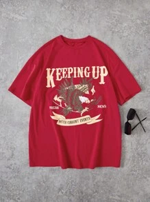 SHEIN EZwear 字母和老鷹印花T恤 - 紅色 - 查看 1