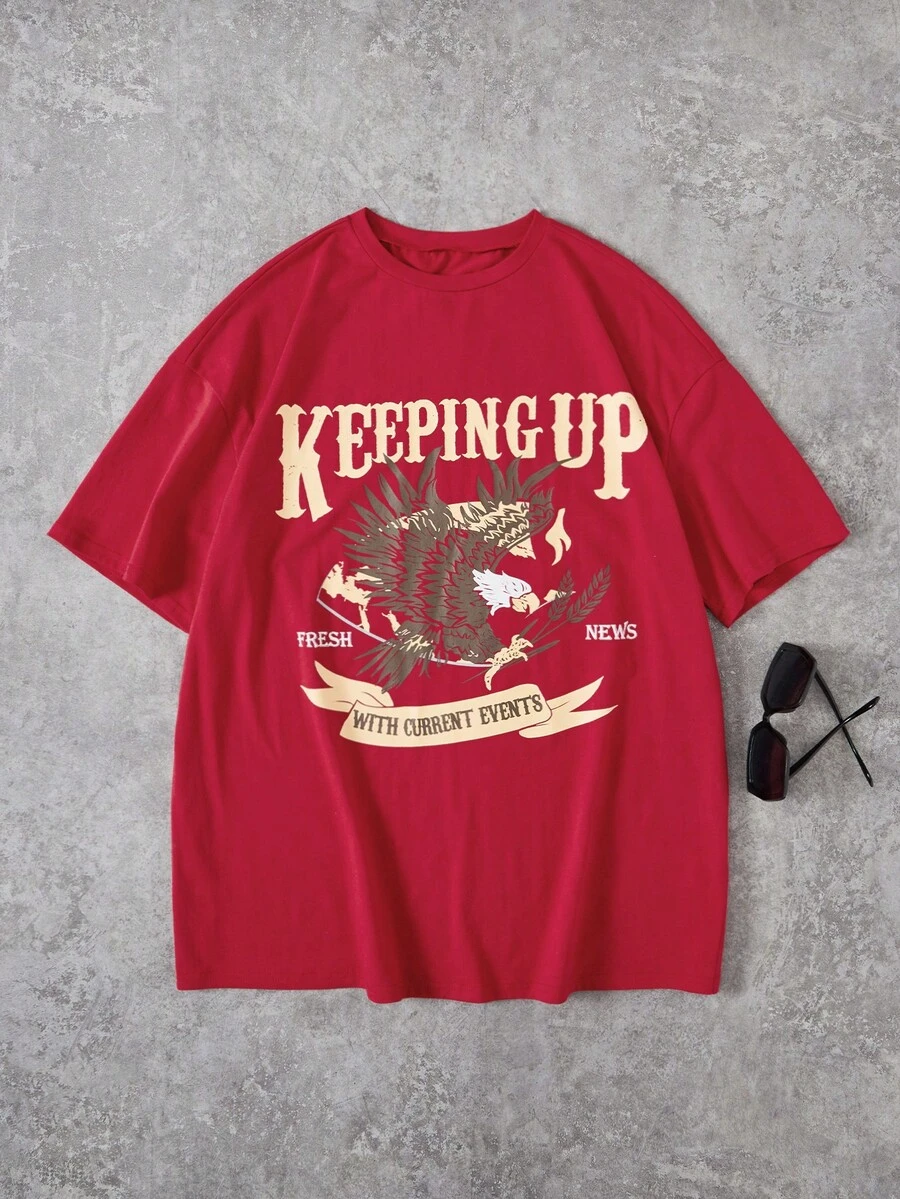 SHEIN EZwear 字母和老鷹印花T恤 - 紅色 - 查看 1