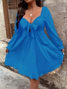 SHEIN Franclia 大碼雞心領口前打結荷葉袖連衣裙 - 藍色 - 查看 1