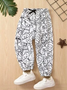 SHEIN Young Boy Cartoon Graphic Drawstring Waist Trousers - White - View 1
