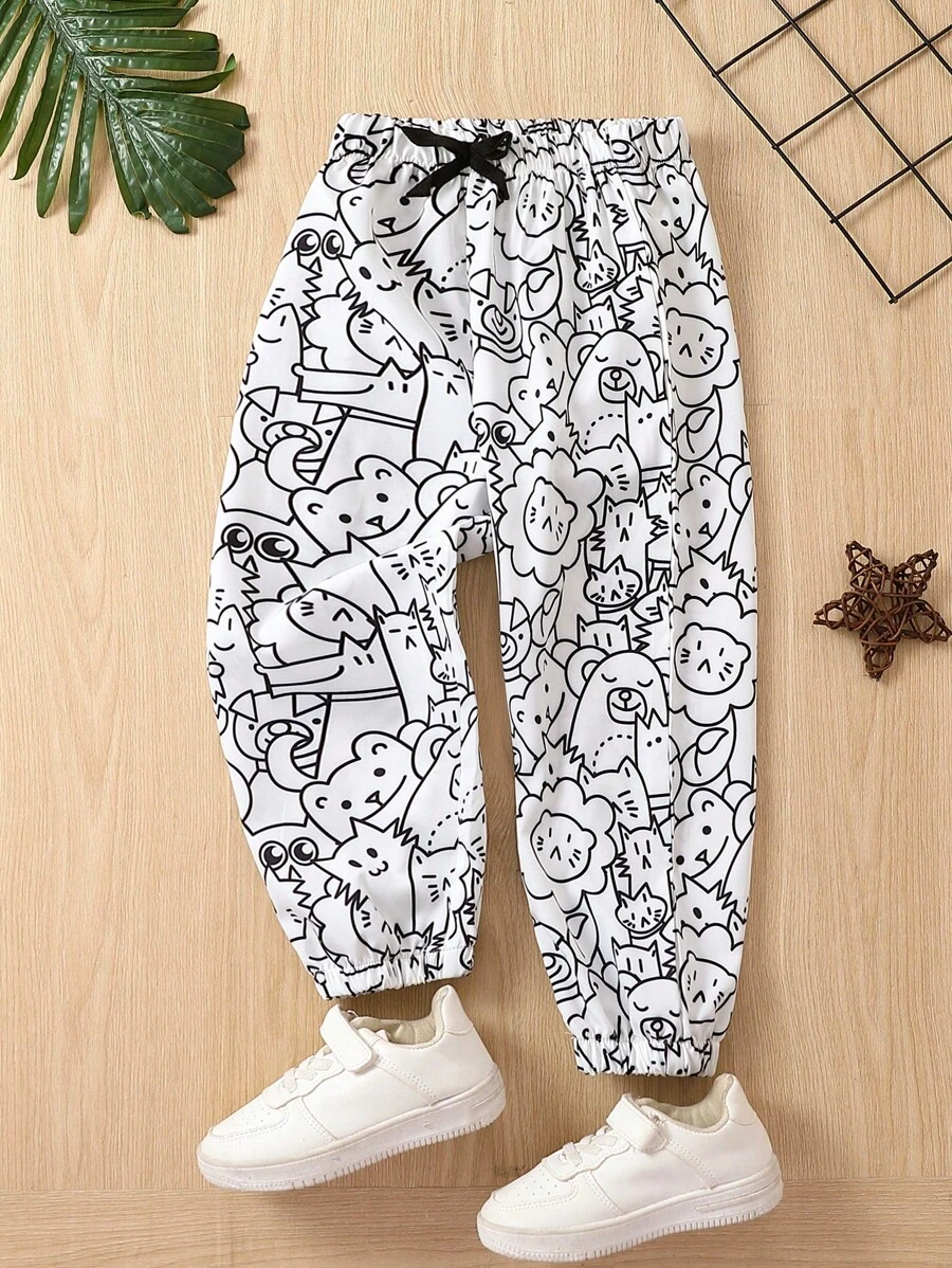 SHEIN Young Boy Cartoon Graphic Drawstring Waist Trousers - White - View 1