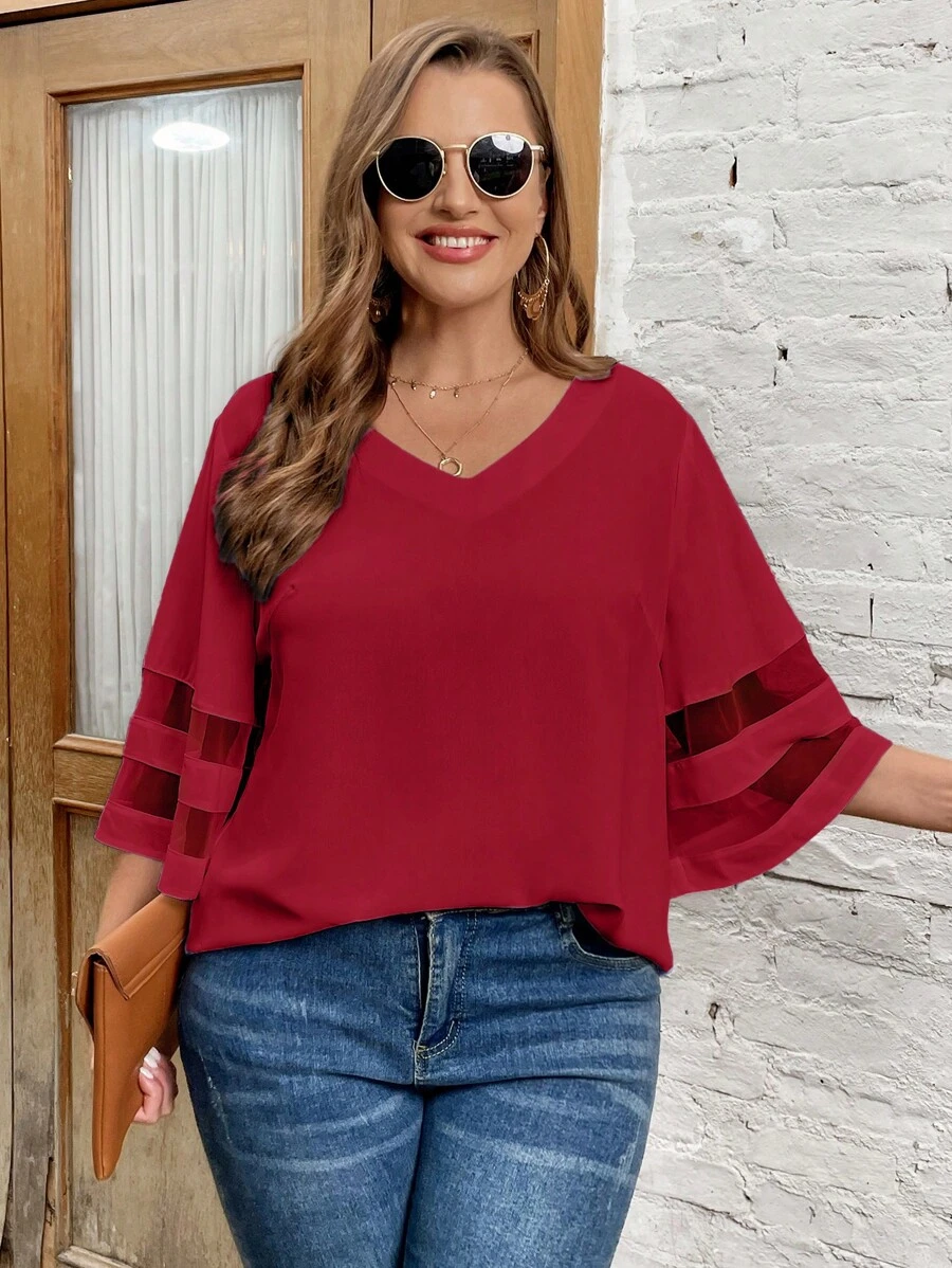 SHEIN LUNE 大碼網紗拼接拼接襯衫 - 酒紅色 - 查看 1