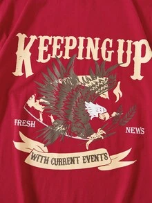 SHEIN EZwear 字母和老鷹印花T恤 - 紅色 - 查看 4