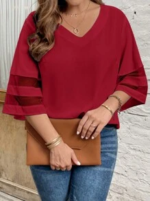 SHEIN LUNE 大碼網紗拼接拼接襯衫 - 酒紅色 - 查看 3