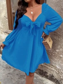 SHEIN Franclia 大碼雞心領口前打結荷葉袖連衣裙 - 藍色 - 查看 5