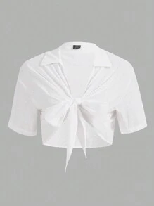 SHEIN EZwear Áo sơ mi nữ Thắt nơ trước màu trơn Giải trí - trắng - Xem 1