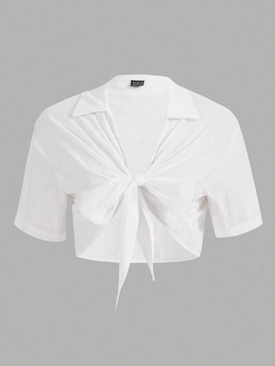 SHEIN EZwear Áo sơ mi nữ Thắt nơ trước màu trơn Giải trí - trắng - Xem 1
