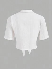 SHEIN EZwear Áo sơ mi nữ Thắt nơ trước màu trơn Giải trí - trắng - Xem 2