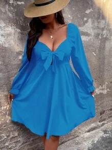 SHEIN Franclia 大碼雞心領口前打結荷葉袖連衣裙 - 藍色 - 查看 7