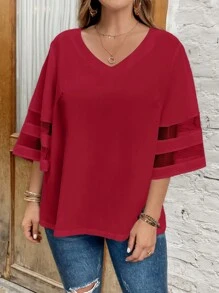 SHEIN LUNE 大碼網紗拼接拼接襯衫 - 酒紅色 - 查看 4