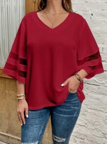 SHEIN LUNE 大碼網紗拼接拼接襯衫 - 酒紅色 - 查看 5