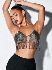 SHEIN BAE Áo khoác và áo lót dành cho xe tăng nữ Lộ Lưng mép Nhẫn màu trơn Buổi tiệc - Bạc - Xem 1