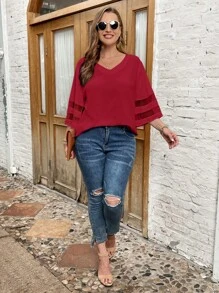 SHEIN LUNE 大碼網紗拼接拼接襯衫 - 酒紅色 - 查看 6