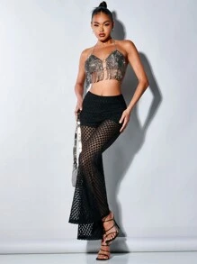 SHEIN BAE Áo khoác và áo lót dành cho xe tăng nữ Lộ Lưng mép Nhẫn màu trơn Buổi tiệc - Bạc - Xem 3