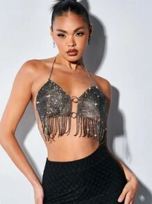 SHEIN BAE Áo khoác và áo lót dành cho xe tăng nữ Lộ Lưng mép Nhẫn màu trơn Buổi tiệc - Bạc - Xem 4