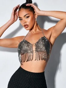 SHEIN BAE Áo khoác và áo lót dành cho xe tăng nữ Lộ Lưng mép Nhẫn màu trơn Buổi tiệc - Bạc - Xem 5