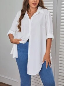 SHEIN Essnce Plus Solid Button Front Shirt - White - View 1
