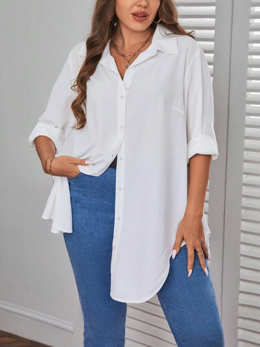 SHEIN Essnce Plus Solid Button Front Shirt - White - View 1