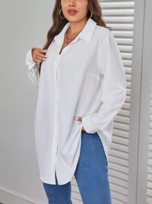 SHEIN Essnce Plus Solid Button Front Shirt - White - View 6