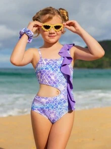 SHEIN Tween Girl Fish Scales Print Ruffle Trim Cut Out One Piece Swimsuit - Multicolor - View 1