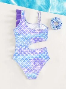 SHEIN Tween Girl Fish Scales Print Ruffle Trim Cut Out One Piece Swimsuit - Multicolor - View 2