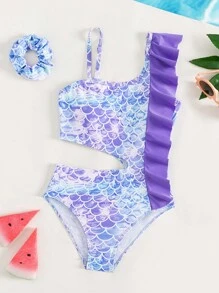 SHEIN Tween Girl Fish Scales Print Ruffle Trim Cut Out One Piece Swimsuit - Multicolor - View 3