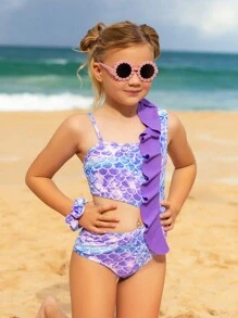 SHEIN Tween Girl Fish Scales Print Ruffle Trim Cut Out One Piece Swimsuit - Multicolor - View 4