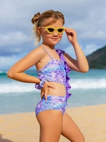 SHEIN Tween Girl Fish Scales Print Ruffle Trim Cut Out One Piece Swimsuit - Multicolor - View 6
