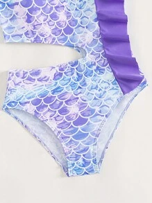 SHEIN Tween Girl Fish Scales Print Ruffle Trim Cut Out One Piece Swimsuit - Multicolor - View 7