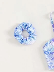 SHEIN Tween Girl Fish Scales Print Ruffle Trim Cut Out One Piece Swimsuit - Multicolor - View 8