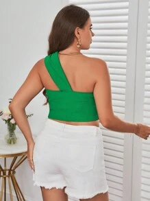 SHEIN Privé Plus One Shoulder Twist Front Top - Green - View 2