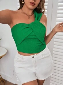 SHEIN Privé Plus One Shoulder Twist Front Top - Green - View 3