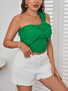 SHEIN Privé Plus One Shoulder Twist Front Top - Green - View 4