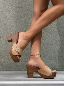 女性鉚釘&搭扣裝飾粗跟涼鞋,時尚夏天穆勒涼鞋 - 杏色 - 查看 4