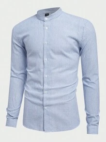 Manfinity NiteLyfe Nam Áo sơ mi Bông In sọc Nút phía trước - Xanh và trắng - Xem 1