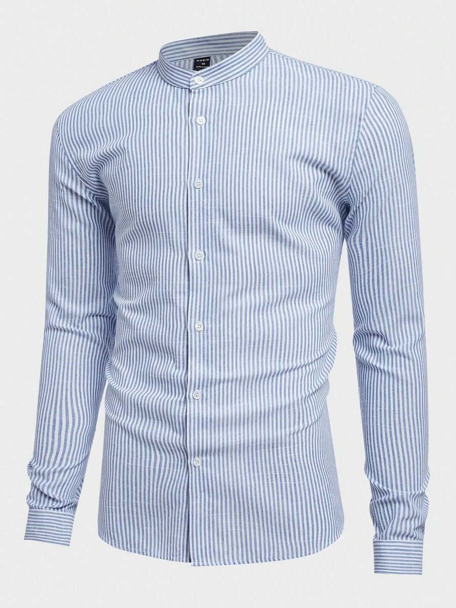 Manfinity NiteLyfe Nam Áo sơ mi Bông In sọc Nút phía trước - Xanh và trắng - Xem 1