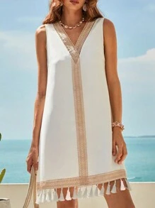 SHEIN Unity 拼接水溶蕾絲流蘇邊背心洋裝 - 白色 - 查看 3