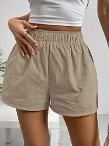 SHEIN EZwear Women's Spring Fashionable Solid Apricot Solid Elastic Waist Shorts