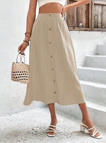 Breezaya Solid Button Front Skirt - Khaki - View 4