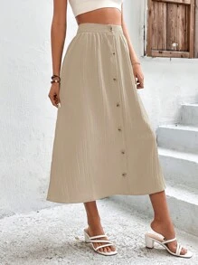 Breezaya Solid Button Front Skirt - Khaki - View 5