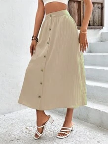 Breezaya Solid Button Front Skirt - Khaki - View 6