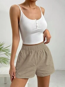 SHEIN EZwear Women's Spring Fashionable Solid Apricot Solid Elastic Waist Shorts