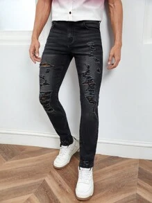 Manfinity RebelGame Quần Jeans Nam Nút Túi Bị tách Dây kéo màu trơn - màu đen - Xem 1