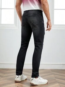 Manfinity RebelGame Quần Jeans Nam Nút Túi Bị tách Dây kéo màu trơn - màu đen - Xem 2