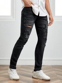 Manfinity RebelGame Quần Jeans Nam Nút Túi Bị tách Dây kéo màu trơn - màu đen - Xem 4