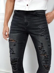 Manfinity RebelGame Quần Jeans Nam Nút Túi Bị tách Dây kéo màu trơn - màu đen - Xem 5