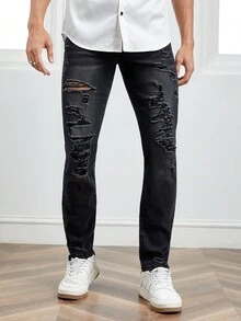 Manfinity RebelGame Quần Jeans Nam Nút Túi Bị tách Dây kéo màu trơn - màu đen - Xem 6