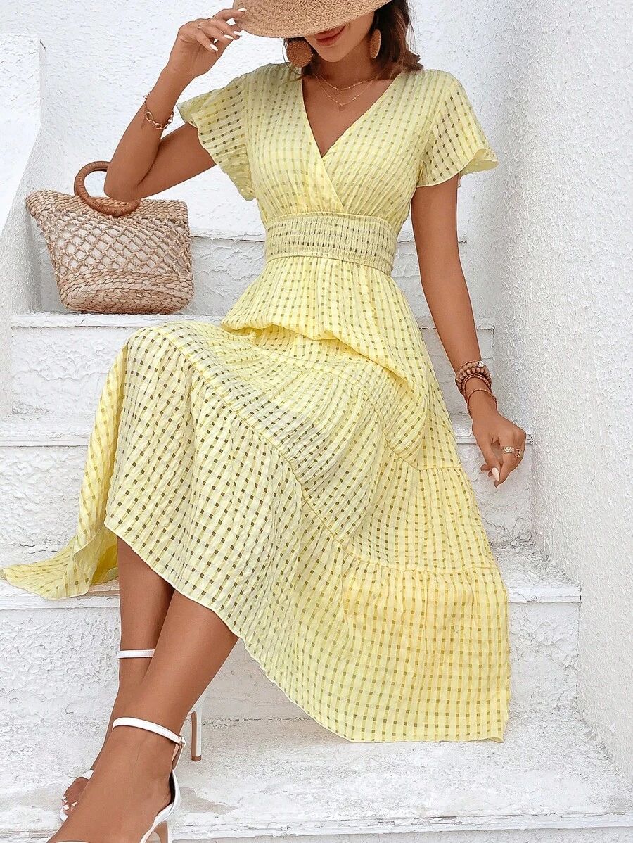 SHEIN VCAY 素色荷葉袖荷葉邊連衣裙 - 黃色 - 查看 1