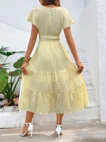 SHEIN VCAY 素色荷葉袖荷葉邊連衣裙 - 黃色 - 查看 2